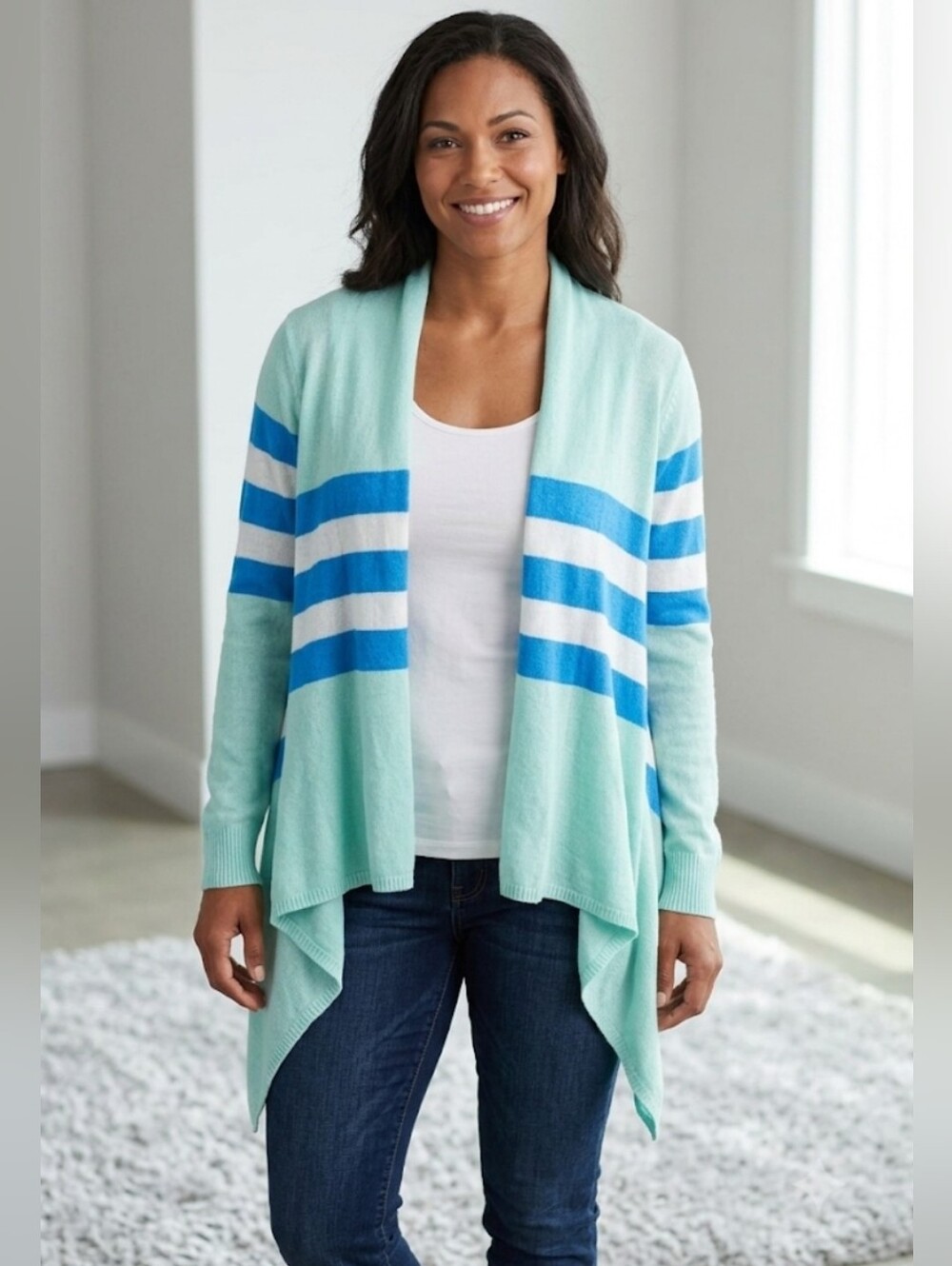 Vineyard Vines Mint Green Striped Draped Open Front Cardigan Sweater Size S